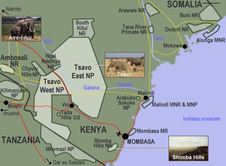 Karta ver sydstra Kenya.