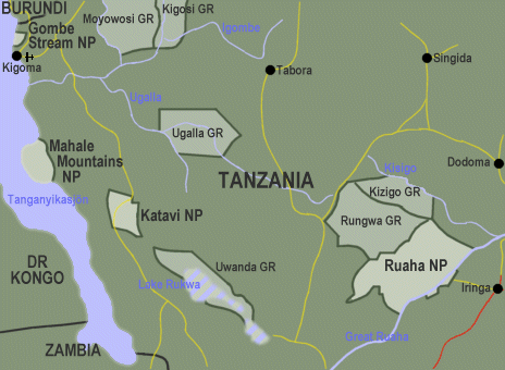 Karta över västra Tanzania.
