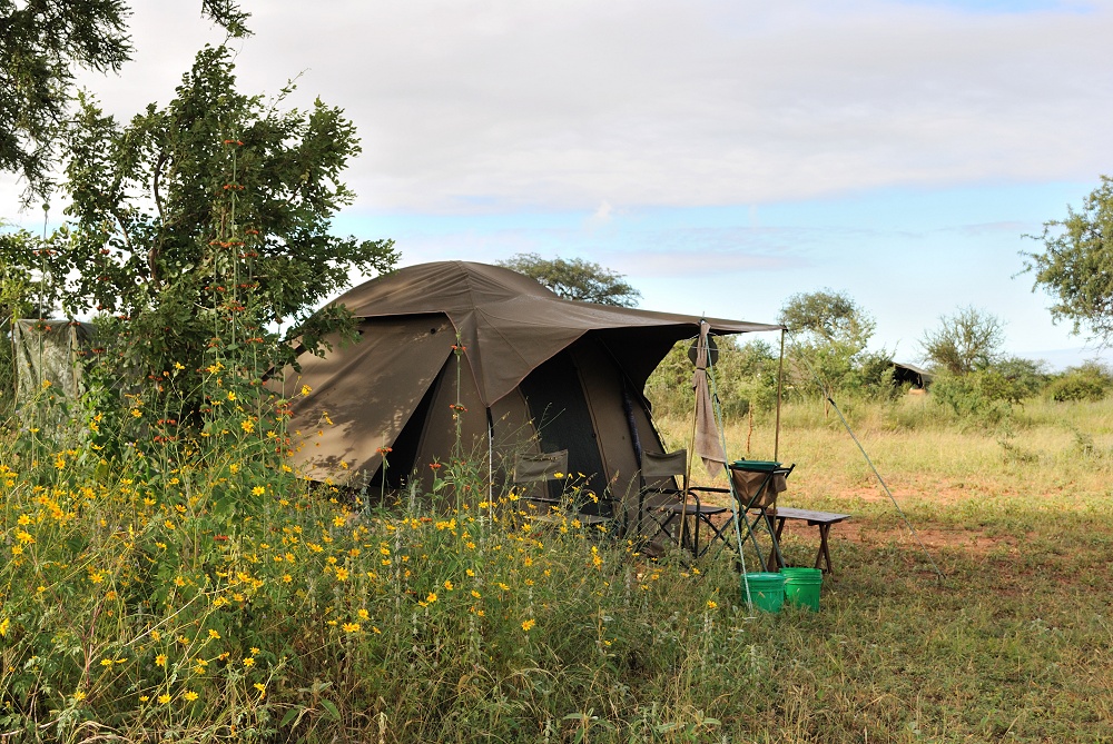 Tält med mässtält i bakgrunden. (Tarangire National Park, Tanzania)