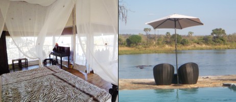 Tvådelad bild: Dels myggnät och säng inne i ett tält, dels två designerfåtöljer under parasoll vid poolkanten, med floden i bakgrunden.