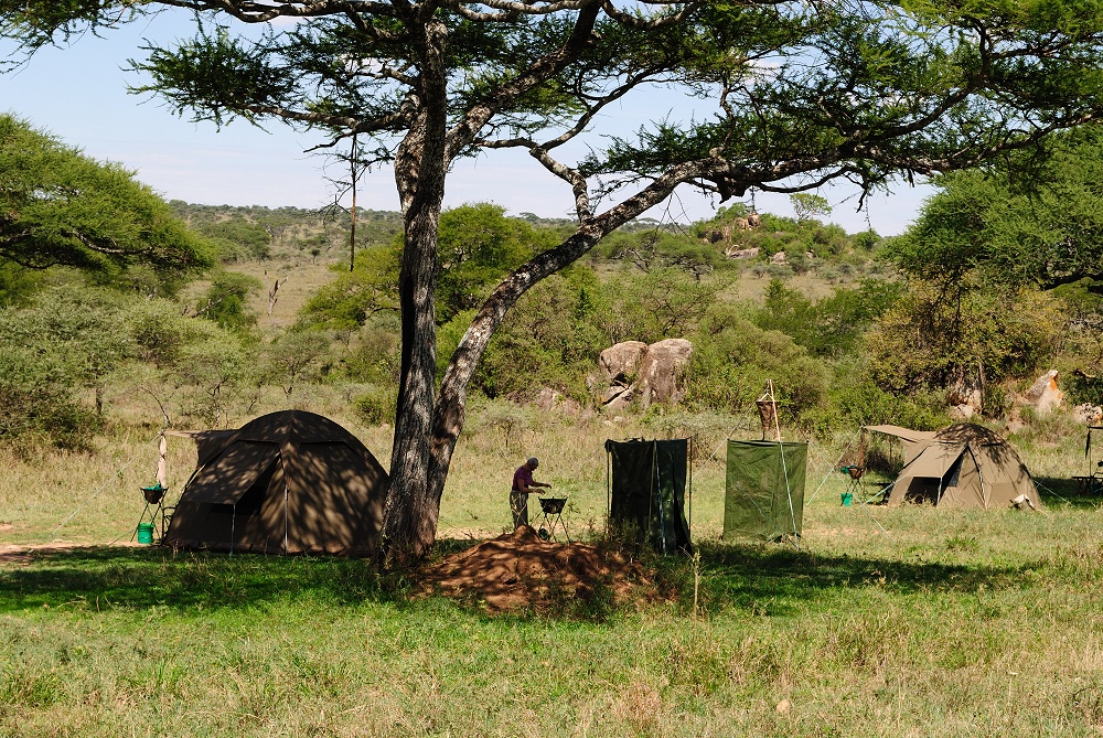 Tält med dusch- och toalettält. Mobil camp på special camp site Sero 1. (Centrala Serengeti National Park, Tanzania)
