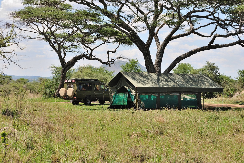 Mässtält och safarifordon. Mobil camp på special camp site Sero 1. (Centrala Serengeti National Park, Tanzania)