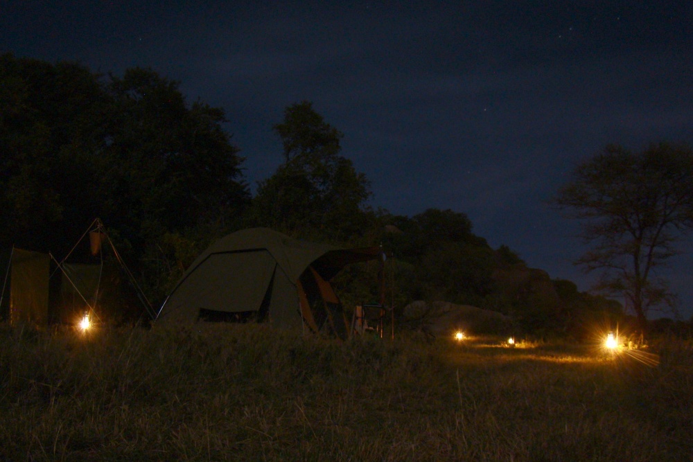 Mobil camp i i fullmånesken. Special camp site Moru 6. (Södra Serengeti National Park, Tanzania)
