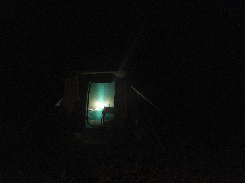 Tält på mobil camp i natten. (Centrala Serengeti National Park, Tanzania)