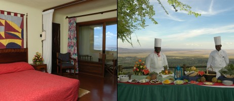 Rum respektive utomhusservering på Lake Manyara Serena Safari Lodge.