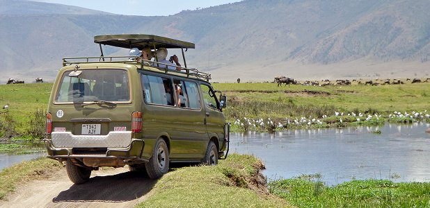Minibuss i Ngorongorokratern i Tanzania. Plats för max sex resenärer.
