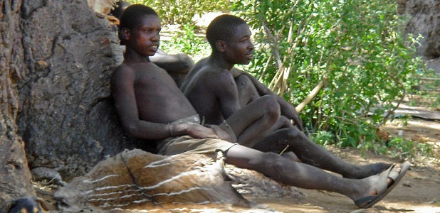 Män i wahadzabestammen vilar i skuggan av ett baobabträd.