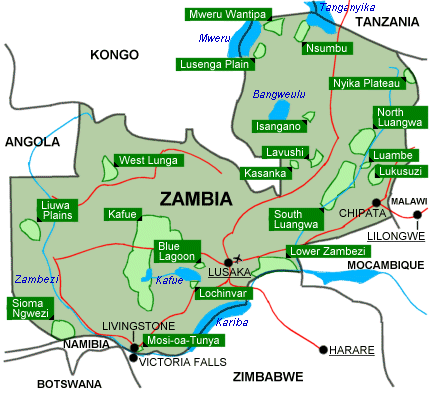 Karta över Zambia.